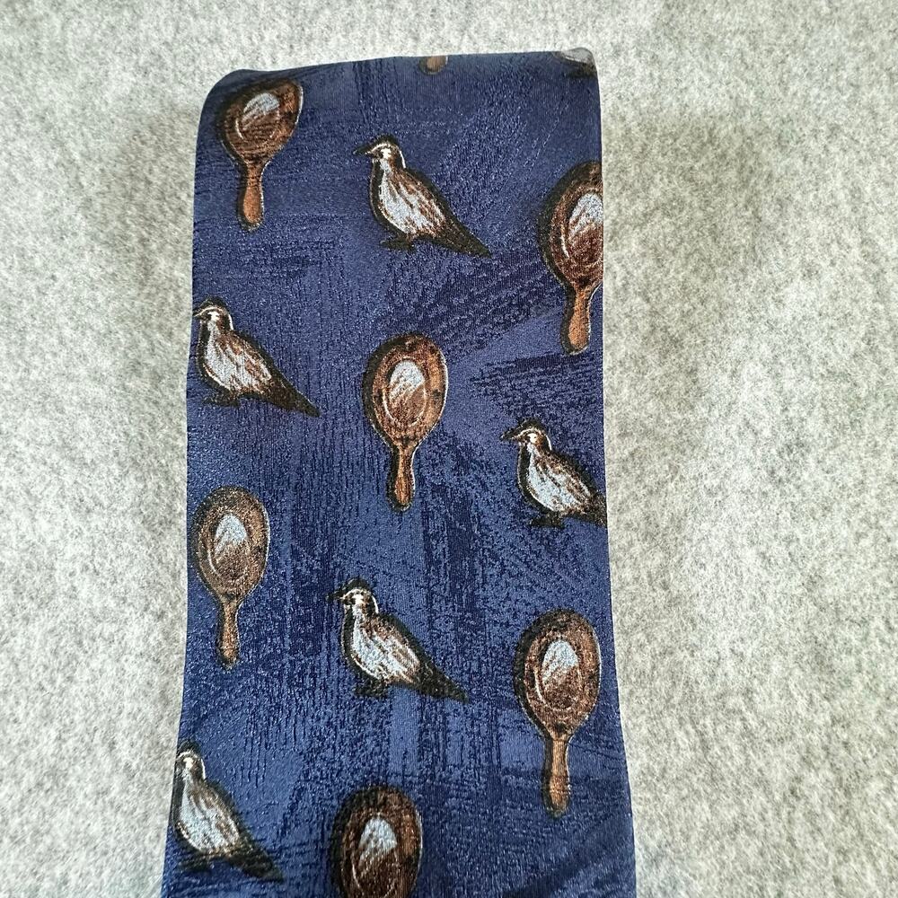 Ermenegildo Zegna Mens Navy Blue Silk Necktie Mallard Flying Duck Birds Print